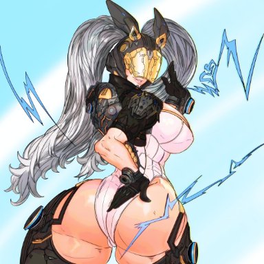 the first descendant, bunny (the first descendant), ultimate bunny, master dcj, mdcj77, ass, ass focus, back muscles, back view, busty, cybernetics, female focus, female only, lightning bolt, mask