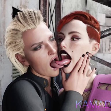 cyberpunk 2077, aurore cassel, meredith stout, chloe angel, kamadeva, pixiewillow, 2girls, aurora borealis, domination, eye contact, female, female only, female/female, fingering, kissing