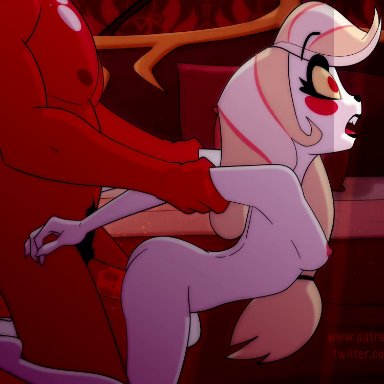 hazbin hotel, throat (artist), 1boy, 1girls, ass, breasts, demon, doggy style, female, long hair, male, male/female, muscular, muscular male, naked