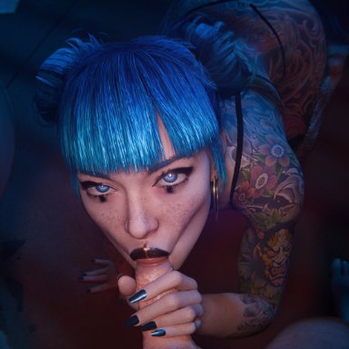 cyberpunk 2077, cheri nowlin, checkpik, blowjob, blue eyes, blue hair, full body tattoo, grabbing penis, looking at viewer, pov, tattoo, tattooed arm, tattoos, 2024, 3d