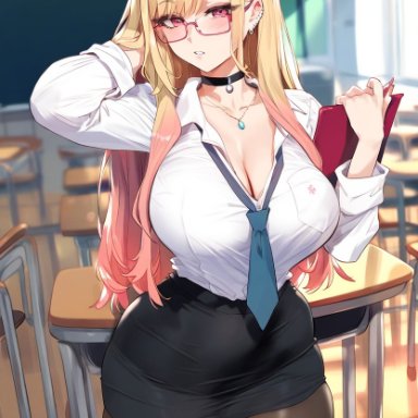 sono bisque doll wa koi wo suru, kitagawa marin, owner (artist), 1girls, big breasts, breasts, classroom, clipboard, collar, collared shirt, female, female only, glasses, human, loose tie