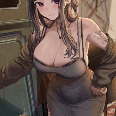 goddess of victory: nikke, d (killer wife) (nikke), d (nikke), silvertsuki, 1girls, black hair, bra cups sticking out, breasts, cleavage, dress, female, huge breasts, light skin, light-skinned female, long hair