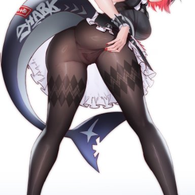 zenless zone zero, ellen joe, kuroyara, anus, ass, bent over, black dress, black footwear, black hair, black pantyhose, blush, breasts, closed mouth, colored inner hair, colored shoe soles