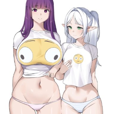 sousou no frieren, fern (sousou no frieren), frieren, alcoholrang, 2girls, bangs, big boobs, big breasts, big tits, blush, blushing, elf, elf ears, elf female, elf girl