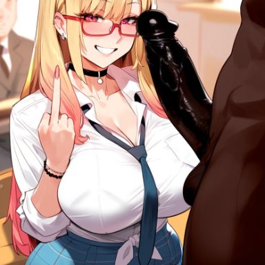 sono bisque doll wa koi wo suru, kitagawa marin, owner (artist), 1boy, 1girls, big, big penis, breasts, classroom, dark-skinned male, evil grin, female, glasses, interracial, light-skinned female