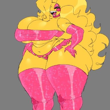 five nights at freddy's, toy chica (fnaf), heavensthroat, bimbo, bimbo body, braces, choker, chubby, chubby female, gloves, huge ass, huge breasts, long hair, pink clothing, sharp teeth