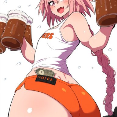 fate (series), femboy hooters, hooters, astolfo (fate), rubycks, alcohol, ass, ass focus, beer, beer mug, big ass, big butt, blush, facing away, femboy