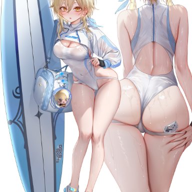 genshin impact, aether (genshin impact), lumine (genshin impact), paimon (genshin impact), pottsness, ?, ass, back cutout, bag, bare arms, blonde hair, blue feathers, blush, breasts, character doll