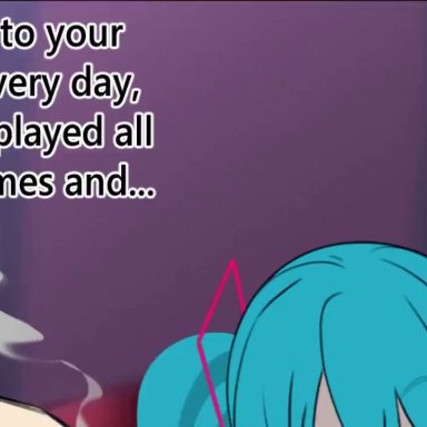 vocaloid, hatsune miku, mmmalice, myahogao, 1boy, 1futa, balls, big penis, black thighhighs, blue eyes, blue hair, blue nails, blue necktie, breasts, cigarette