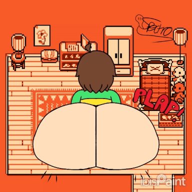 toby fox, undertale, chara, spectrodraws, 1boy, 1human, ambiguous gender, anal, ass, ass focus, bedroom, big ass, bottom heavy, bottomless, bouncing