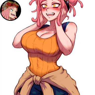 my hero academia, hatsume mei, himiko toga, mei hatsume, toga himiko, krystalizedart, big breasts, female, female only, fusion, pink hair, thick thighs, ai generated, tagme