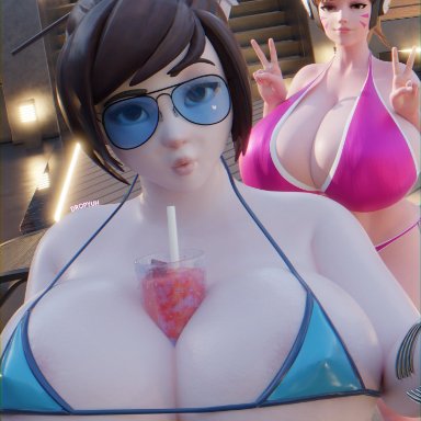 overwatch, overwatch 2, d.va, hana song, mei (overwatch), dropyuh (artist), 2girls, asian, asian female, big breasts, bikini, breasts, brown hair, brown hair female, brunette