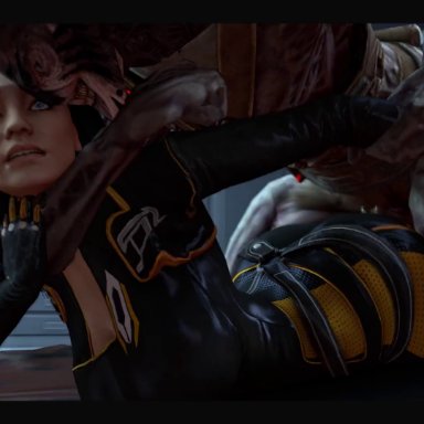 mass effect, miranda lawson, vorcha, 0zmann, 1boy, 1girls, alien humanoid, bed, bedroom, big ass, big breasts, bodysuit, choke hold, interspecies, latex