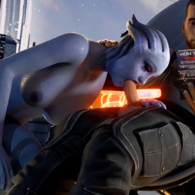 mass effect, aria t'loak, asari, commander shepard, liara t'soni, maleshep, niisath, 1boy, 1boy1girl, 1girls, alien, alien girl, athletic female, bent over, big breasts