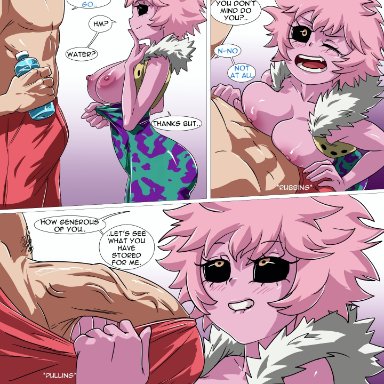 my hero academia, mina ashido, izhardraws, 1boy, 1girls, big penis, biting lip, flirting, hero outfit (mha), imminent sex, large penis, larger male, light-skinned male, muscular male, pink hair