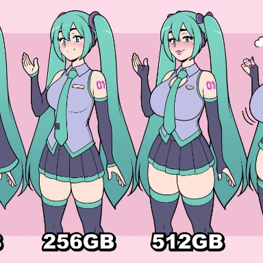 hatsune miku, jam-orbital, big breasts, bimbofication, curvy female, horny female, huge breasts, makeup, thick thighs, meme