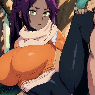 bleach, shihouin yoruichi, ohmywaifu, 1boy, 1boy1girl, 1girl1boy, 1girls, 1girls1boy, big breasts, climax, cum, cum in pussy, cum inside, female, forest background