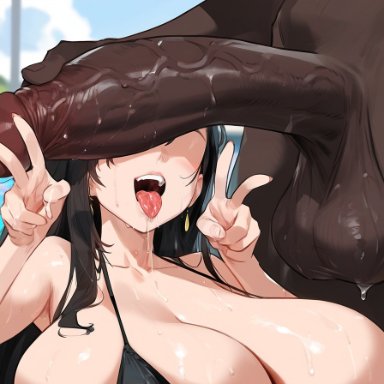 final fantasy, final fantasy vii, tifa lockhart, lucyla, 1girls, absurdly large cock, bare shoulders, big breasts, big penis, bikini, black hair, breasts, cock hungry, cock worship, dark skin