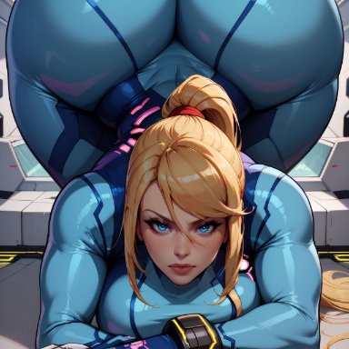 metroid, nintendo, samus aran, zero suit samus, hotcartoonai, 1girls, all fours, ass, ass focus, big ass, blonde hair, blue eyes, breasts, clothing, dat ass