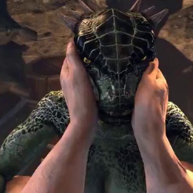 skyrim, argonian, argonian female, deeja, rayhuma, 1boy, 1girls, anthro, anthro on human, female, female focus, hand on face, interspecies, intimate, kissing