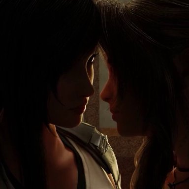 final fantasy, final fantasy vii, aerith gainsborough, tifa lockhart, teehee7990, 2girls, black hair, breast sucking, breasts, brown hair, cunnilingus, female only, french kiss, green eyes, kissing