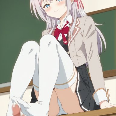 alisa mikhailovna kujou, fossillight, big breasts, cum, cum on feet, feet, foot fetish, footjob, legwear, long hair, masturbation, russian girl, school uniform, white hair, ai generated