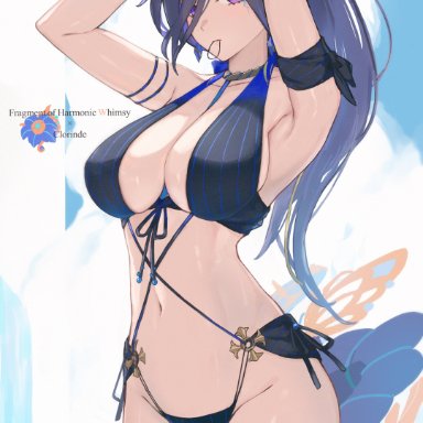 genshin impact, clorinde (genshin impact), artist request, 1girls, alternate costume, alternate hairstyle, belly button, big breasts, bikini, bikini bottom, bikini top, blue hair, cleavage, female, female focus