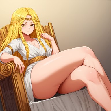 elden ring, miquella, zorg98, 1boy, big ass, big butt, blonde hair, braid, crossed legs, cute face, femboy, girly, gold jewelry, long hair, looking at viewer