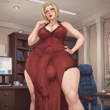 final fantasy vii, scarlet (ffvii), spartan25, bulge under clothes, bulge under dress, futa only, futanari, large balls, large penis, ai generated