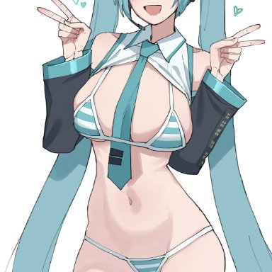 vocaloid, hatsune miku, hatsune miku (collared bikini), mr.skull, ratatatat74, 1girls, bikini, blush, collared bikini, looking at viewer, medium breasts, peace sign, striped panties