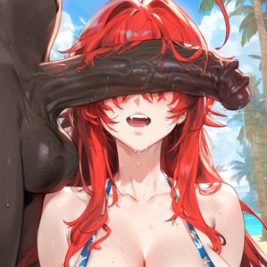 high school dxd, rias gremory, chocopizza, 1boy, 1boy1girl, 1girls, beach, big breasts, big penis, bikini, blush, breasts, clothed female nude male, cock shock, dark-skinned male