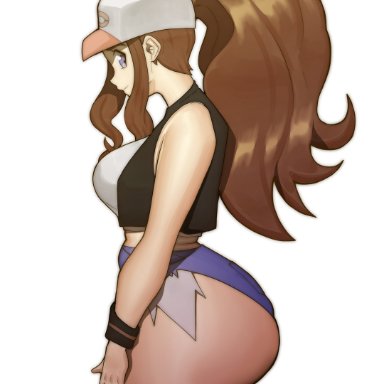 game freak, nintendo, pokemon, pokemon bw, hilda (pokemon), doublehero, 1girls, ass, blue eyes, booty shorts, breasts, brown hair, dat ass, female, huge ass