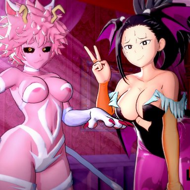 my hero academia, felicia, felicia (darkstalkers), mina ashido, momo yaoyorozu, morrigan aensland, morrigan aensland (cosplay), biyo, 2girls, black hair, cat ears, cat tail, catgirl, cosplay, nervous