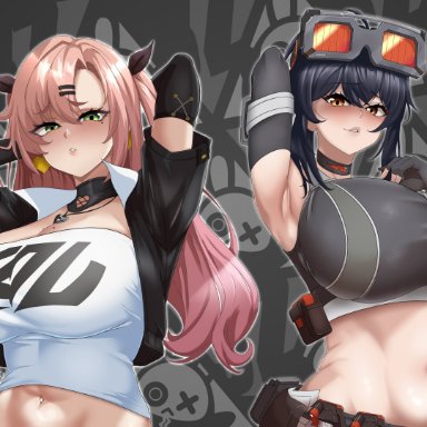 zenless zone zero, grace howard, nicole demara, leux 21, 2girls, armpits, arms behind head, armwear, big breasts, black hair, breast focus, breasts, choker, cleavage, crop top