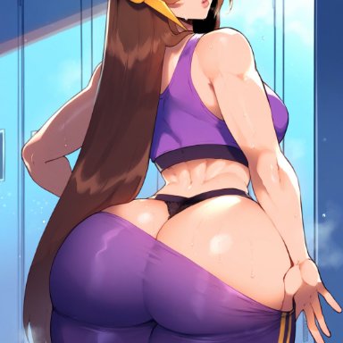 league of legends, riot games, leona (league of legends), 1girl, ass, ass focus, back view, big ass, big butt, brown hair, gym, gym clothes, leggings, locker room, looking at viewer