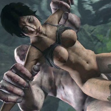 tomb raider, lara croft, hvlsfm, 1girls, belly bulge, big penis, breasts, breasts out, cock, dead, dirty, from behind, fucked, lifted, monster