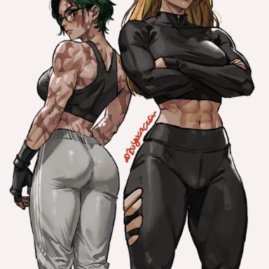 jujutsu kaisen, yuki tsukumo, zenin maki, zuyuancesar, abs, arms crossed, back to back, back to viewer, blonde, blonde hair, blonde hair female, burn scar, glasses, green hair, gym clothes