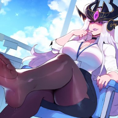 league of legends, riot games, syndra, 1girl, breasts, feet, feet fetish, id card, office lady, pantyhose, sitting, sitting on chair, skirt, sole, solo