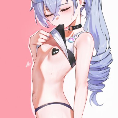 honkai (series), honkai: star rail, silver wolf (honkai: star rail), waligner, belly, belly button, bikini, biting lip, biting shirt, blushing, covered nipples, embarassed, female, female only, navel