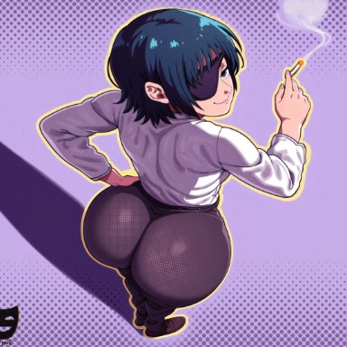 chainsaw man, himeno (chainsaw man), z-art, big ass, bubble butt, dumptruck ass, huge ass, looking up, thick thighs, wide hips, 2024, 2d, 2d (artwork), artist logo, d-art style