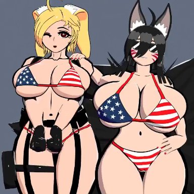 colonalcbplayer, 1futa, 2girls, ass, balls, big breasts, blonde hair, blowjob, boobjob, bra lift, breasts, bunny ears, clothed, clothing, cum