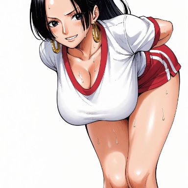 one piece, boa hancock, yashin, alluring, big breasts, black eyes, black hair, blush, breasts, earring, earrings, female, female only, hands behind back, hanging breasts