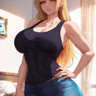 jujutsu kaisen, yuki tsukumo, klausherbert, 1girl, cleavage, huge breasts, jeans, light skin, light-skinned female, looking at viewer, smile, tank top, thick thighs, wide hips, yellow eyes