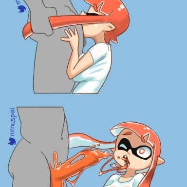 nintendo, splatoon, inkling, inkling boy, inkling girl, kaori (splatoon), minus8, 1boy, 1boy1girl, 1girls, oral, oral penetration, oral sex, orange eyes, orange hair