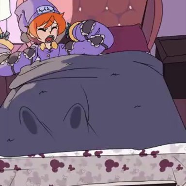 skullgirls, peacock (skullgirls), captain kirb, 1boy, 1girls, anal, audible ejaculation, bed, bedroom, blowjob, blush, buttjob, cervical penetration, cum, cum in mouth