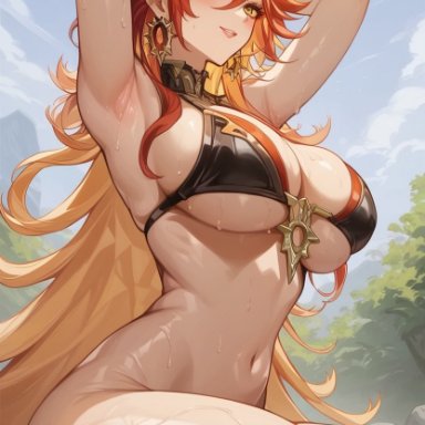 genshin impact, mavuika (genshin impact), hypet, armpit, armpit fetish, armpits, big breasts, bikini top, female, long hair, looking at viewer, red hair, shiny skin, sitting, solo