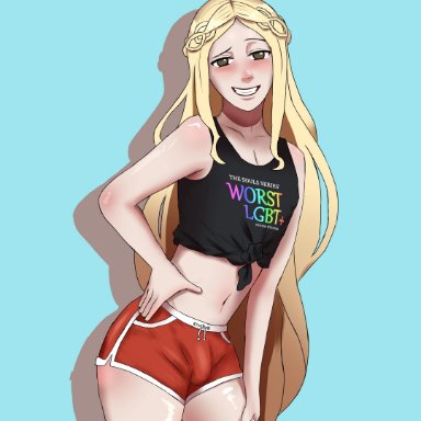 elden ring, fromsoftware, shadow of the erdtree, miquella, miquellester, kickdog, 1boy, big ass, blonde hair, bulge, bulge through clothing, crop top, femboy, funny, lgbt pride colors