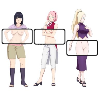 naruto, naruto (classic), naruto (series), naruto shippuden, hyuuga hinata, ino yamanaka, sakura haruno, toadd95, 3girls, female, female only, human, multiple girls, nude, sandals