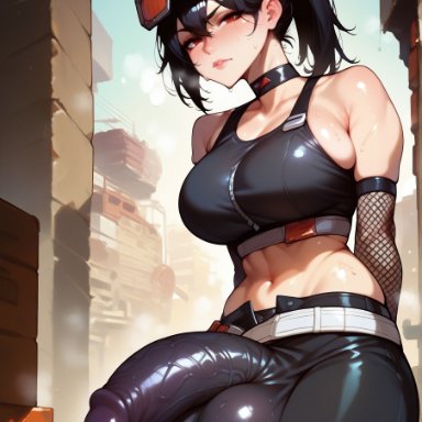 zenless zone zero, grace howard, starskyai, 1futa, bulge, bulge through clothing, choker, eyewear on head, fishnet armwear, flaccid, futanari, huge balls, huge cock, large breasts, looking at viewer