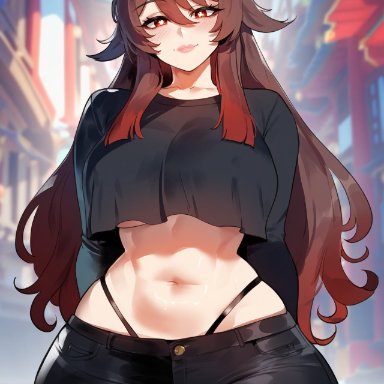 genshin impact, hu tao (genshin impact), miyuai, 1girls, alley, alleyway, big breasts, big butt, big thighs, black legwear, brown hair, crop top, curvy, curvy figure, day